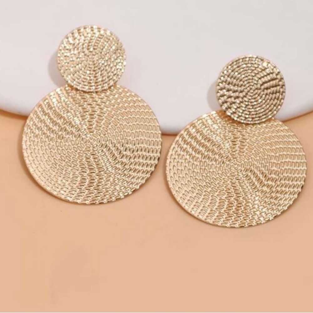 Geometric Round Metallic Alloy tiered Drop Earings - Picture 1 of 6